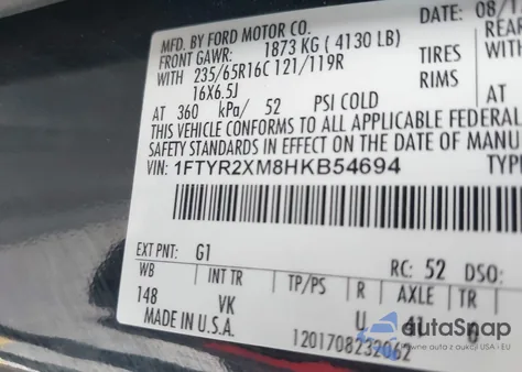 2017 Ford Transit-250 z USA, uszkodzony, nr VIN 1FTYR2XM8HKB54694